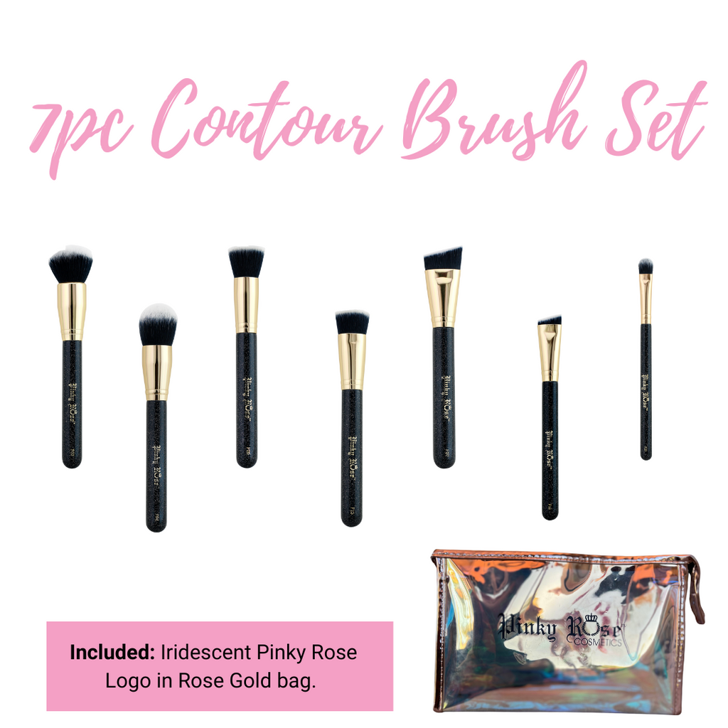 7pc Contour Brush Set with Rose Gold Iridescent Cosmetic Bag